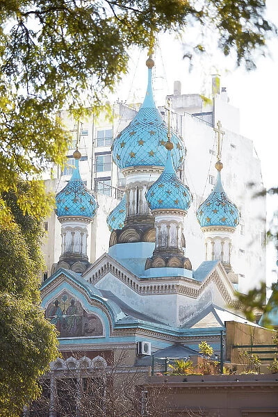 Tha main facade of the Russian Orthodox Cathedral of the Most Holy Trinity, San Telmo, Buenos Aires, Argentina