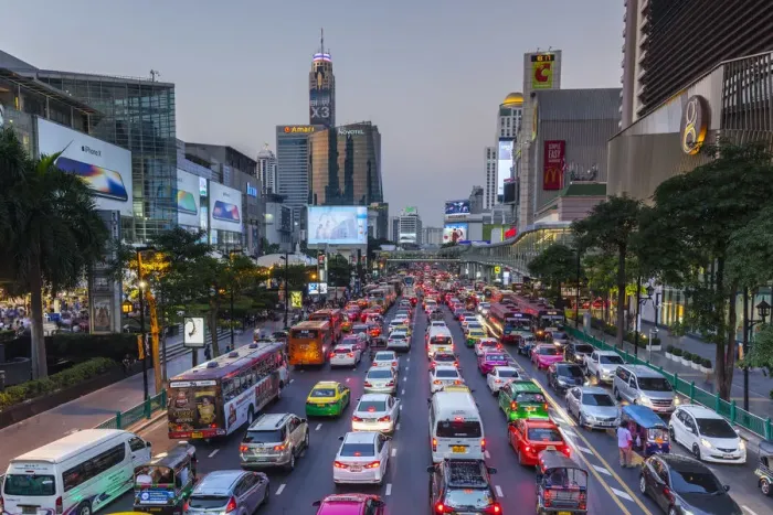 Framed Print : Thailand, Bangkok, Siam Square Area, traffic on Ratchaprarop Road, dusk Framed Print : Thailand, Bangkok, Siam Square Area, traffic on Ratchaprarop Road, dusk