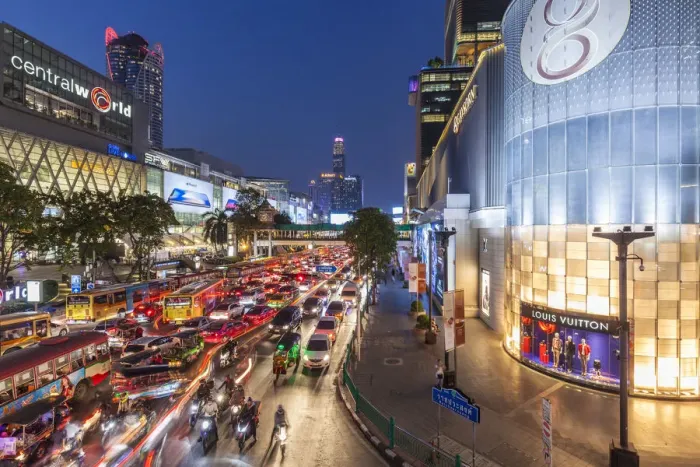 Framed Print : Thailand, Bangkok, Siam Square Area, traffic on Ratchaprarop Road, dusk Framed Print : Thailand, Bangkok, Siam Square Area, traffic on Ratchaprarop Road, dusk
