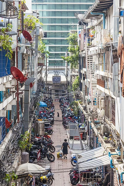 Thailand, Bangkok, Siam Square Area, high angle view of alley