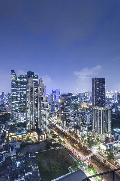 Thailand, Bangkok, Silom Area, high angle skyline view, dusk