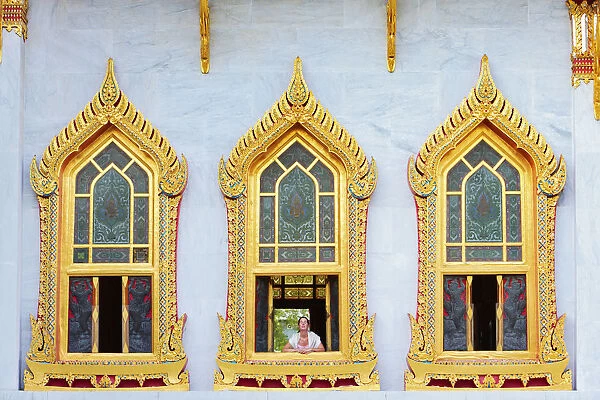 Thailand, bangkok, Wat Benchamabophit, Marble temple, Woman looking through window MR