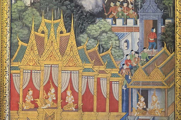 Thailand, Bangkok, Wat Pho (UNESCO Site), detail of painting on temple walls