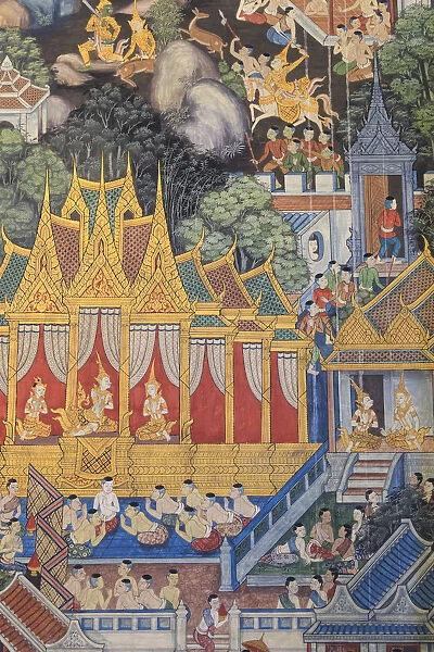 Thailand, Bangkok, Wat Pho (UNESCO Site), detail of painting on temple walls