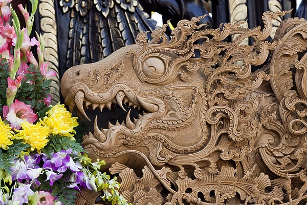 Thailand, Chiang Mai, Baan Tawai Wood Carving Village, Detail of Dragon Carving