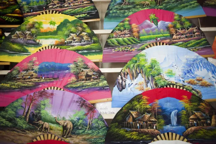 Framed Print : Thailand, Chiang Mai, Borsang Handicraft Village, Colourful Souvenir Fans Framed Print : Thailand, Chiang Mai, Borsang Handicraft Village, Colourful Souvenir Fans
