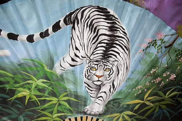 Thailand, Chiang Mai, Borsang Umbrella Village, Artwork of Tiger on Giant Umbrella