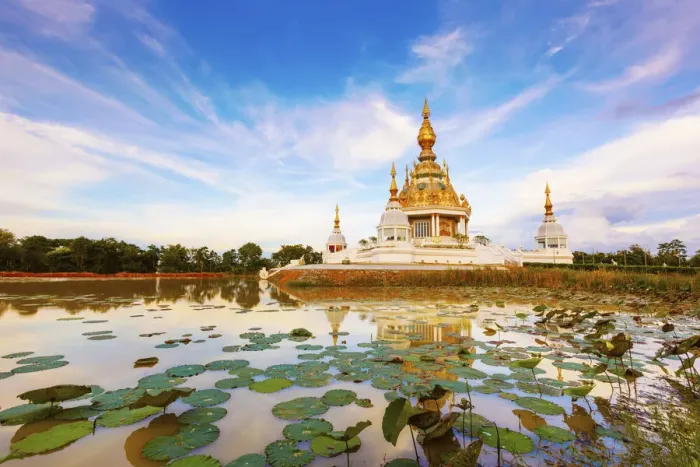 Framed Print : Thailand, Isan, Khon Kaen, Wat thung setthi, temple surrounded by lily pads