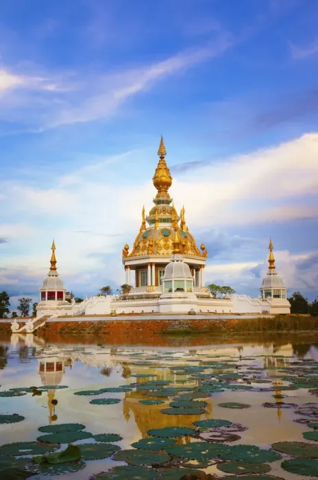 Framed Print : Thailand, Isan, Khon Kaen, Wat thung setthi, temple surrounded by lily pads Framed Print : Thailand, Isan, Khon Kaen, Wat thung setthi, temple surrounded by lily pads