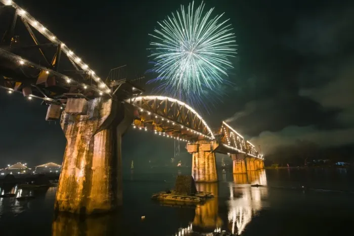 Framed Print : Thailand, Kanchanaburi, Kanchanaburi. Fireworks over Death Railway Bridge Framed Print : Thailand, Kanchanaburi, Kanchanaburi. Fireworks over Death Railway Bridge