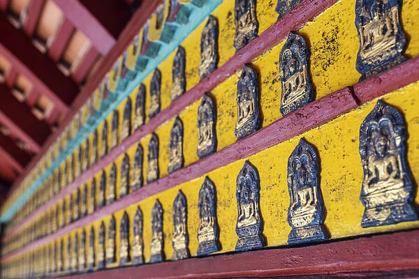 Thailand, Lampang, Wat Pong Sanuk Nua, Buddha decorations on wall