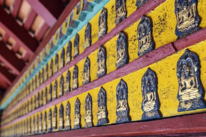 Framed Print : Thailand, Lampang, Wat Pong Sanuk Nua, Buddha decorations on wall Framed Print : Thailand, Lampang, Wat Pong Sanuk Nua, Buddha decorations on wall