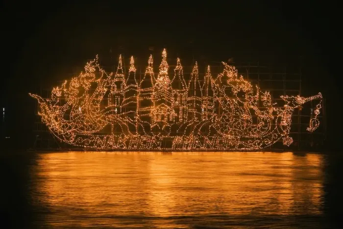 Framed Print : Thailand, Nakhon Phanom, That Phanom. A Fire Boat drifts on the Mekong River during the Illuminated Boat Procession. The fire boats are giant bamboo towers decorated with lanterns in religious motifs to celebrate the end of the Buddhist Framed Print : Thailand, Nakhon Phanom, That Phanom. A Fire Boat drifts on the Mekong River during the Illuminated Boat Procession. The fire boats are giant bamboo towers decorated with lanterns in religious motifs to celebrate the end of the Buddhist