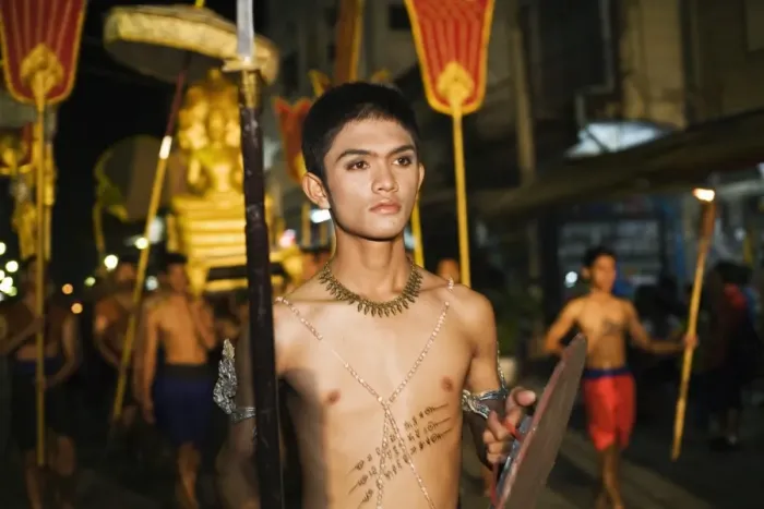 Framed Print : Thailand, Nakhon Ratchasima, Phimai. Parade through the streets of Phimai during the annual Phimai festival. The festival in November celebrates the towns culture and history with dances, boat races and a sound