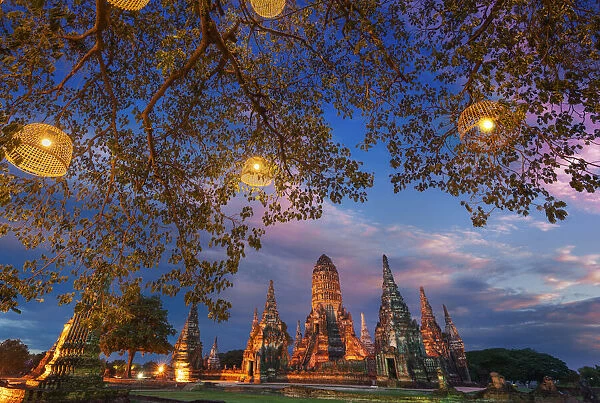 Thailand, Phra Nakhon Si Ayutthaya, Ayutthaya, Wat Chai Watthanaram, illuminated at night, UNESCO World Heritage site