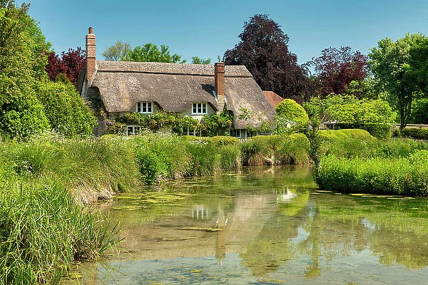 Thatched Cottage Reflecting in Village Pond, Sherrington, Wiltshire, England