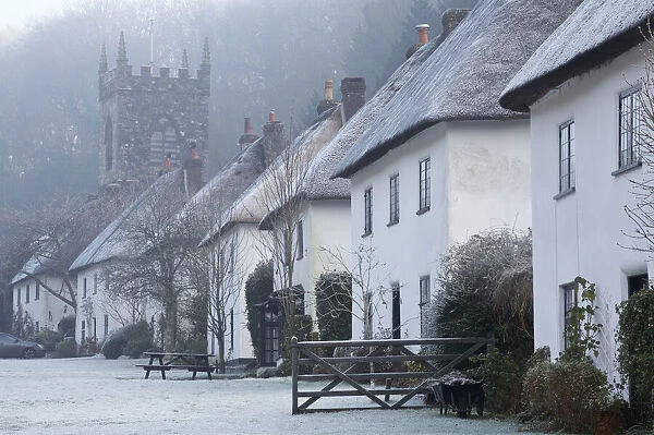 Thatched cottages at Milton Abbas in winter, Dorset, England