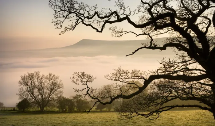 Framed Print : A thick blanket of early morning mist covers the landscape below Mynydd Troed in