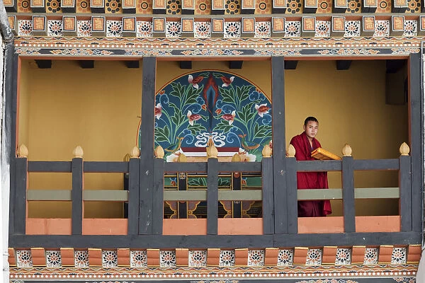 Thimpu, Bhutan. Monks at the Simtokha Dzong. Built in 1629 by Zhabdrung Ngawang Namgyal
