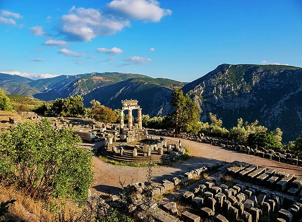 Tholos of Delphi, Temple of Athena Pronaia, sunset, Delphi, Phocis, Greece