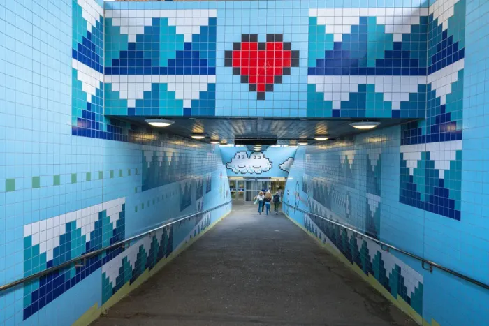 Framed Print : Thorildsplan metro station decorated with artwork on tiles inspired by pixels of
