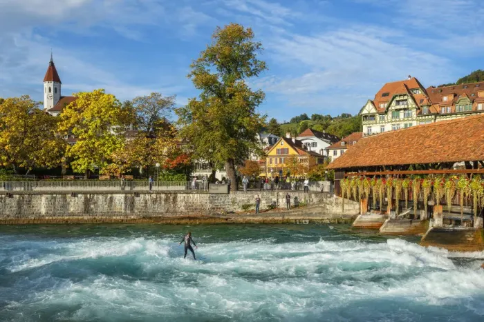 Framed Print : Thun with Scherzligschleuse and surfer on River Aare, Berner Oberland, Switzerland Framed Print : Thun with Scherzligschleuse and surfer on River Aare, Berner Oberland, Switzerland