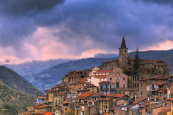 Thunderstorm coming during a sunset in Apricale, Province of Imperia, Liguria, Italy