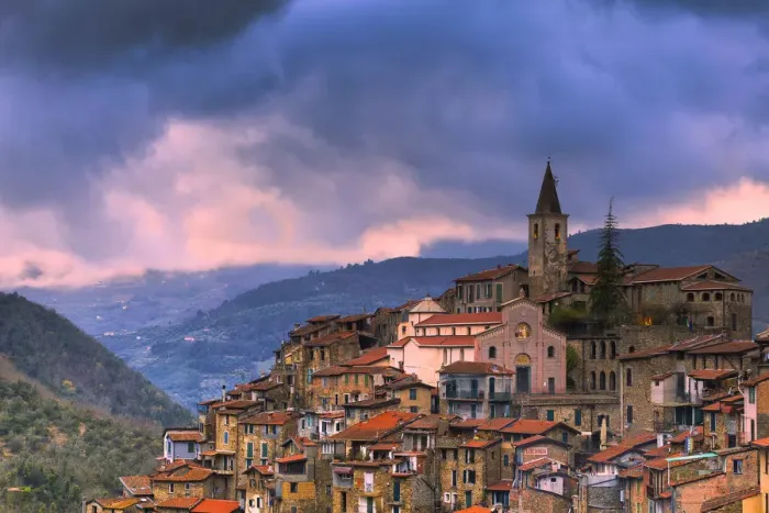 Framed Print : Thunderstorm coming during a sunset in Apricale, Province of Imperia, Liguria, Italy Framed Print : Thunderstorm coming during a sunset in Apricale, Province of Imperia, Liguria, Italy