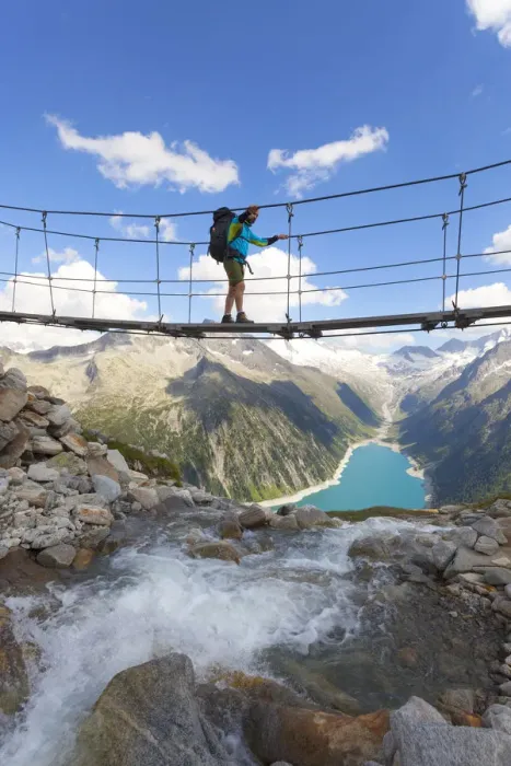 Framed Print : The tibetan bridge near Olperer refuge with Lake Schlegeispeicher on the background Framed Print : The tibetan bridge near Olperer refuge with Lake Schlegeispeicher on the background
