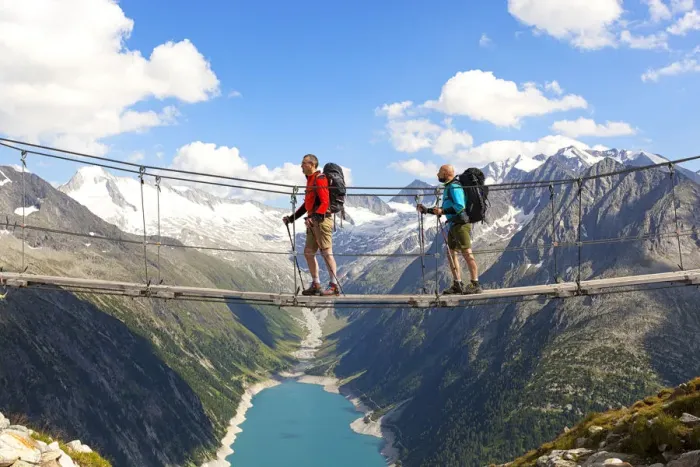 Framed Print : The tibetan bridge near Olperer refuge with Lake Schlegeispeicher on the background Framed Print : The tibetan bridge near Olperer refuge with Lake Schlegeispeicher on the background