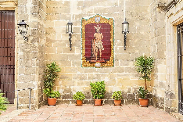 Tiled icon outside Parroquia San Juan Bautista de Los Descalzos y Nuestra Senora de Las Angustias, Jerez de la Frontera, Andalusia, Spain