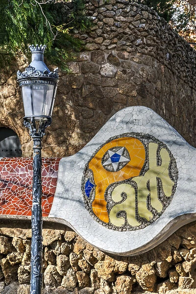 Tiled Park Guell sign, Park Guell, Barcelona, Catalonia, Spain