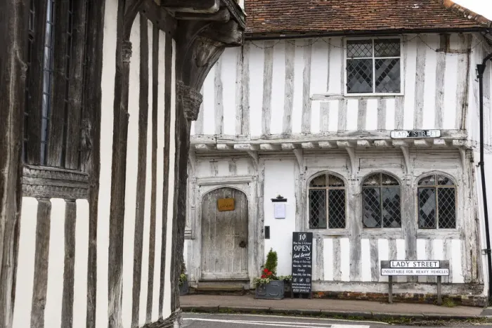 Framed Print : Timber framed medieval buildings in Lavenham, Suffolk, England Framed Print : Timber framed medieval buildings in Lavenham, Suffolk, England