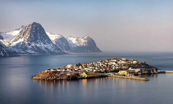 Framed Print : The tiny island and fishing village of Husoy in winter, Senja, Troms county, Norway Framed Print : The tiny island and fishing village of Husoy in winter, Senja, Troms county, Norway