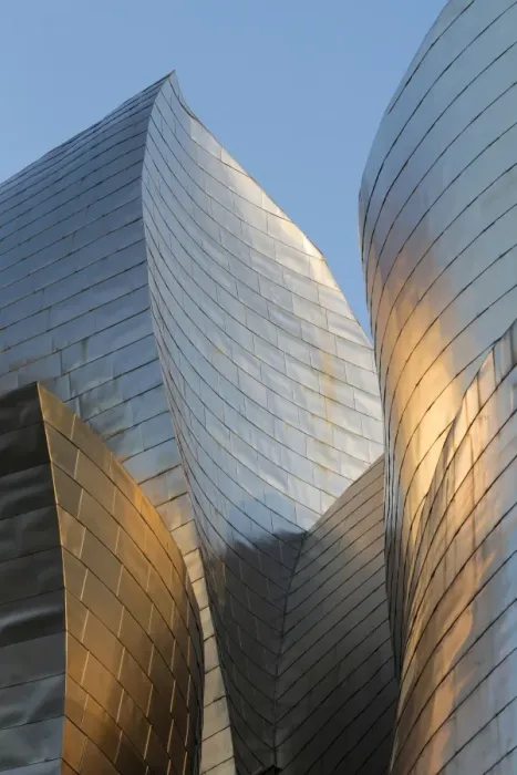 Framed Print : Titanium-clad exterior of the Guggenheim museum at sunset, Bilbao, Biscay, Spain