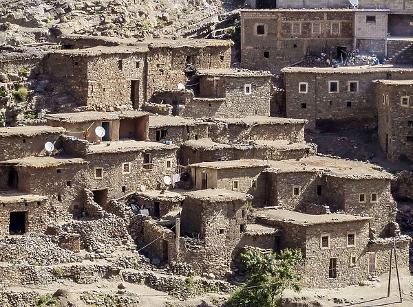 Tizi Ait Barka Village in Atlas Mountains with old traditional houses on the route