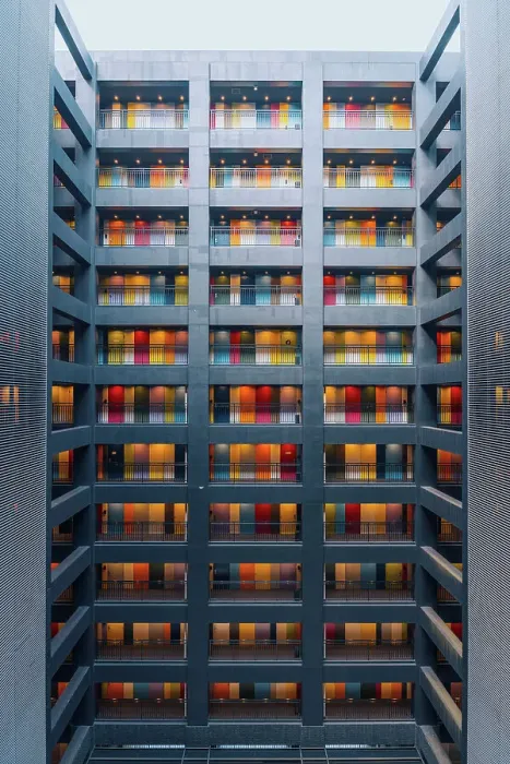Framed Print : Tokyo colorful doors and symmetric architecture in a hotel building, The Soho Framed Print : Tokyo colorful doors and symmetric architecture in a hotel building, The Soho