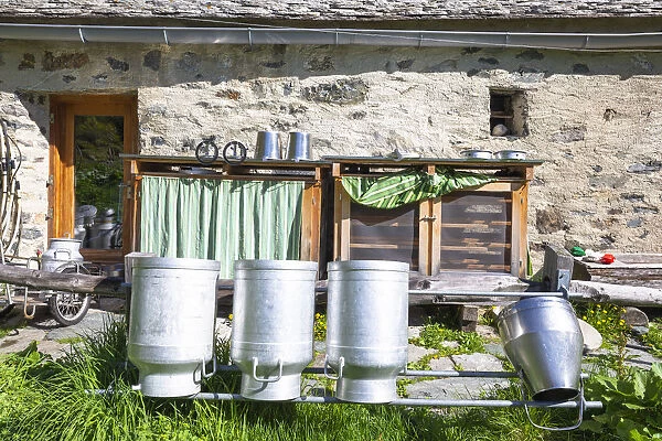Tools for cheese making at Alp Cavloc, Forno Valley, Maloja Pass, Engadin, Graubunden