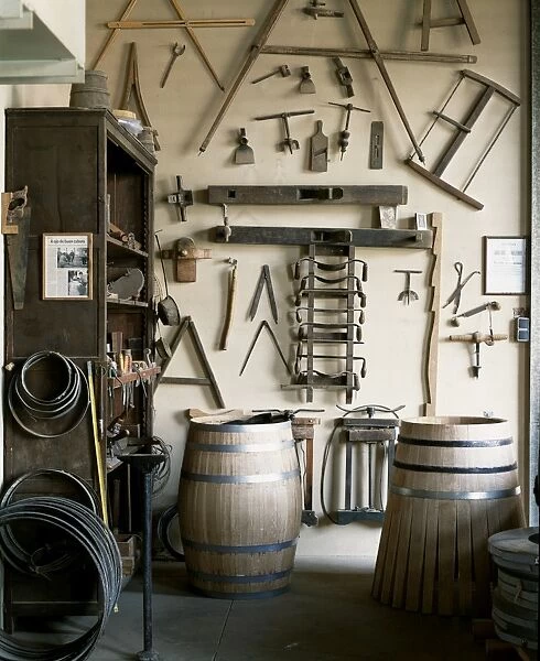 Tools for making wine barrels in the coopers workshop at Muga winery