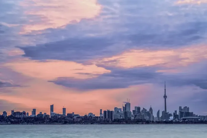Framed Print : Toronto Skyline at sunrise as seen from Lake Ontario, Ontario, Canada Framed Print : Toronto Skyline at sunrise as seen from Lake Ontario, Ontario, Canada