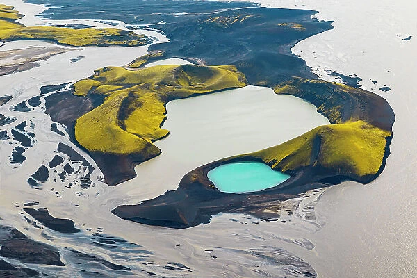 Torquoise volcanic Skafta lake in icelandic highlands, Iceland