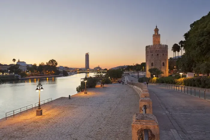 Framed Print : Torre del Oro (Tower of Gold) and river Guadalquivir at dusk, Seville, province of Framed Print : Torre del Oro (Tower of Gold) and river Guadalquivir at dusk, Seville, province of