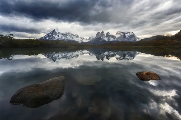 Framed Print : Torres del Paine mountain range during a cloudy sunrise, Patagonia, Chile Framed Print : Torres del Paine mountain range during a cloudy sunrise, Patagonia, Chile