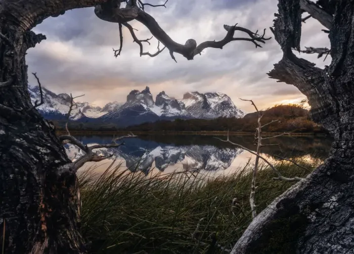 Framed Print : Torres del Paine mountain range at sunrise, Patagonia, Chile Framed Print : Torres del Paine mountain range at sunrise, Patagonia, Chile