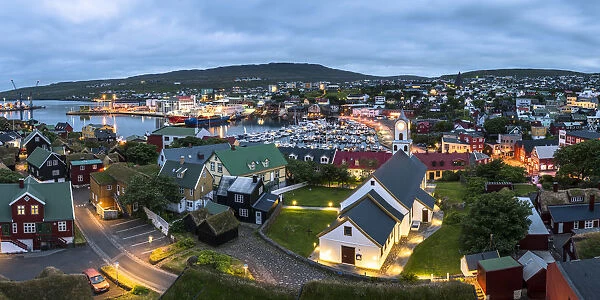 Torshavn, Stremnoy island, Faroe Islands, Denmark. View over the city at dusk