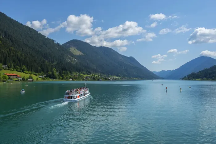 Framed Print : Tourist boat on Weissensee at Techendorf, Carinthia, Austria Framed Print : Tourist boat on Weissensee at Techendorf, Carinthia, Austria