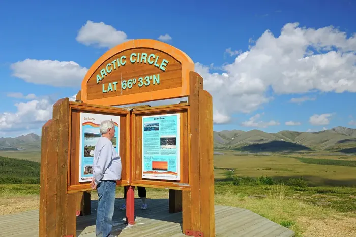 Framed Print : Tourist on the Dempster Highway (KM 405) at the Arctic Circle (model released). Dempster Highway, Yukon, Canada Framed Print : Tourist on the Dempster Highway (KM 405) at the Arctic Circle (model released). Dempster Highway, Yukon, Canada