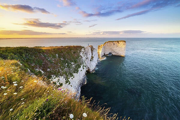 A tourist observes sunset at Old Harry Rocks during summer, Handfast Point, Purbeck isle, Dorset, England, United Kingdom (MR)