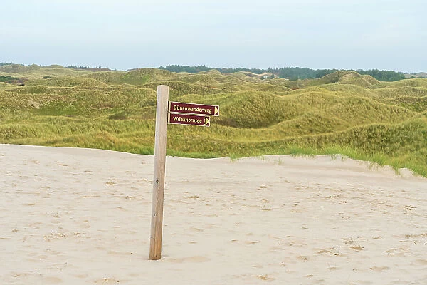 Touristic signage among sand dune landscape, Wittdun, UNESCO, Amrum island, Nordfriesland, Schleswig-Holstein, Germany
