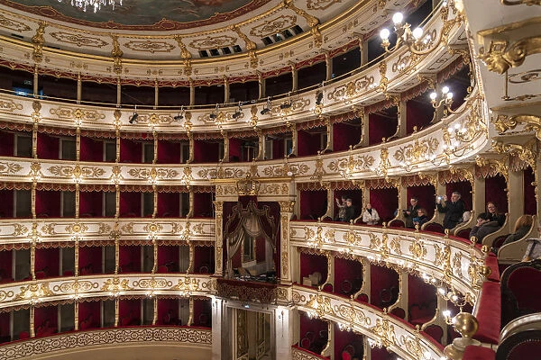 Tourists admiring the Interior of Teatro Regio. Parma, Emilia Romagna, Italy